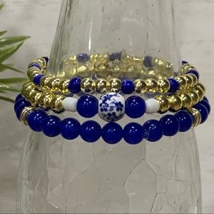14K Gold Plated Custom Bracelet Stack - set of 3 - Blue & White